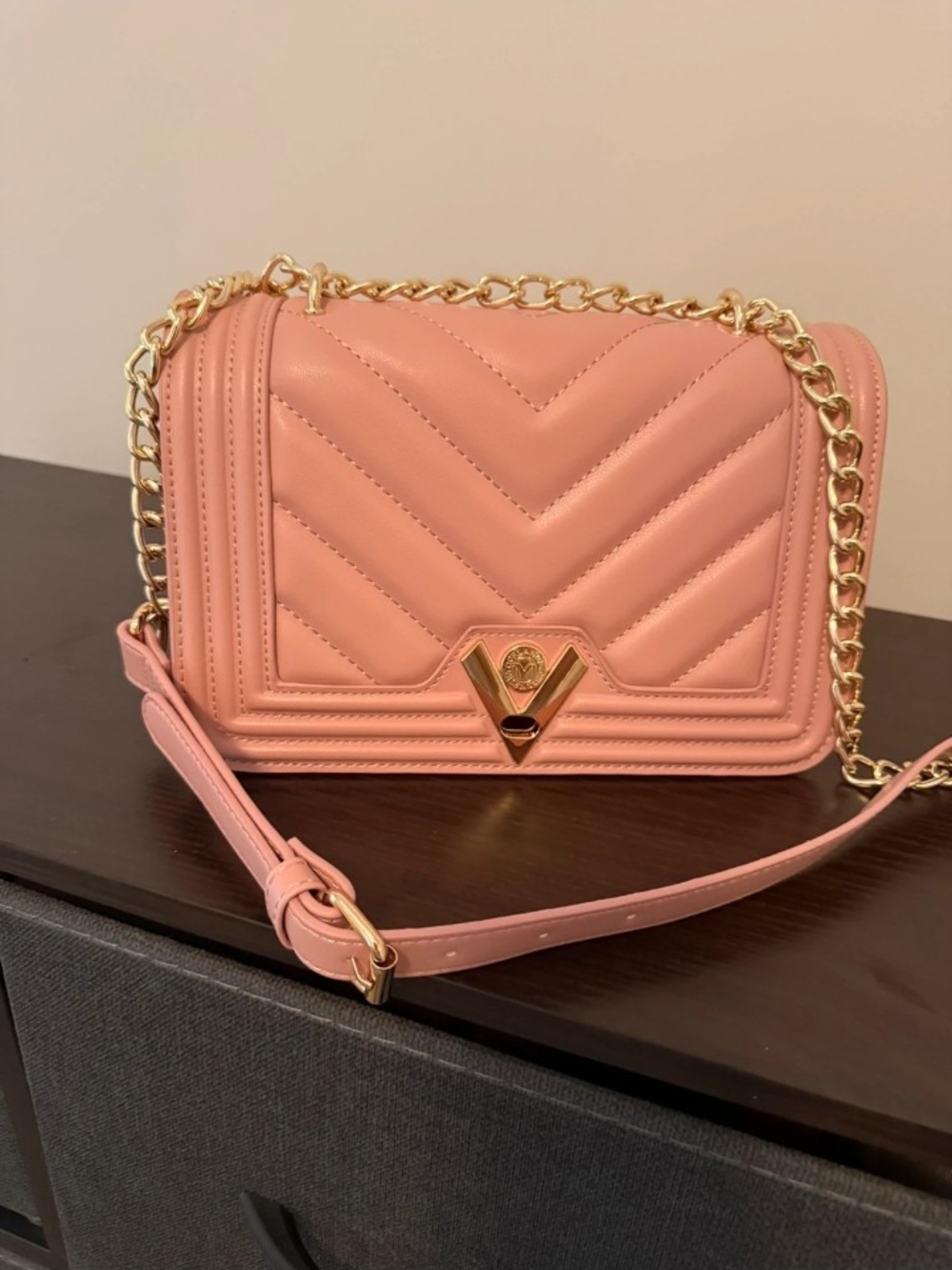 Pink Valentino Orlandi  Quilted Chain Shoulder Bag with Gold Hardware